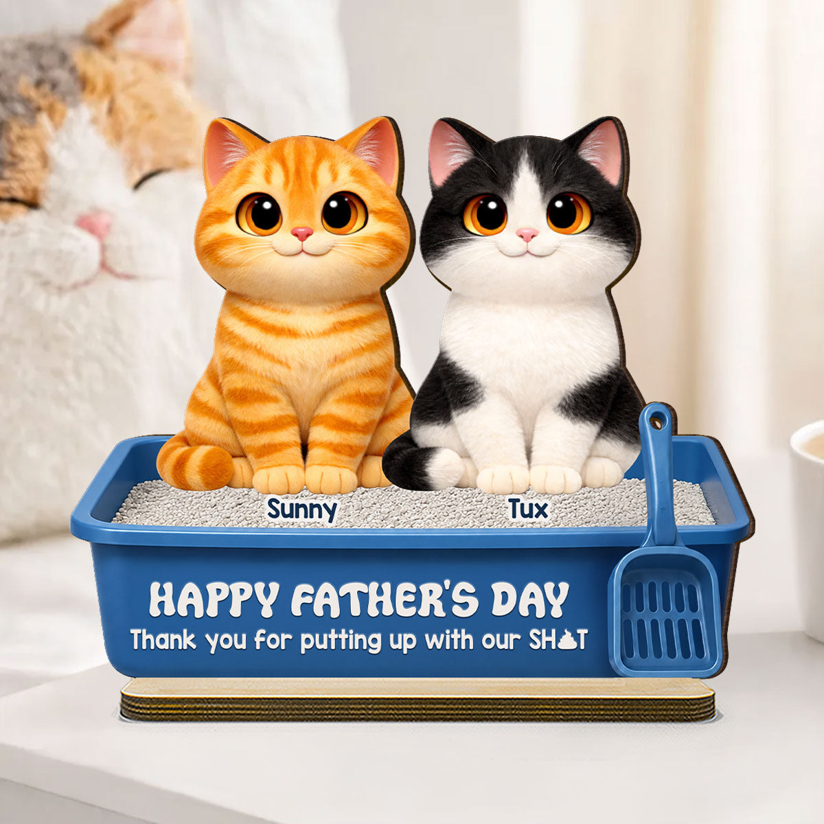Cute Fluffy Cats Happy  Thanks For Feeding And Scooping Poo 2D Flat - Personalized 2-Layered Wooden Plaque - Funny  Gift For Cat Dad, Cat Lovers