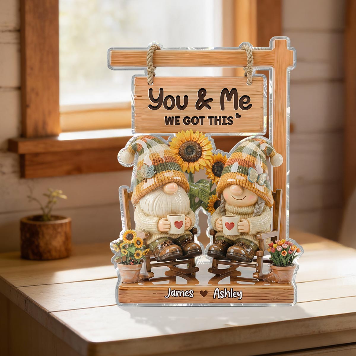 3D Effect Gnome Couple Sitting On Rocking Chair - Personalized Acrylic Block Plaque - Anniversary, Valentine's Day Gift For Him, Gift For Her