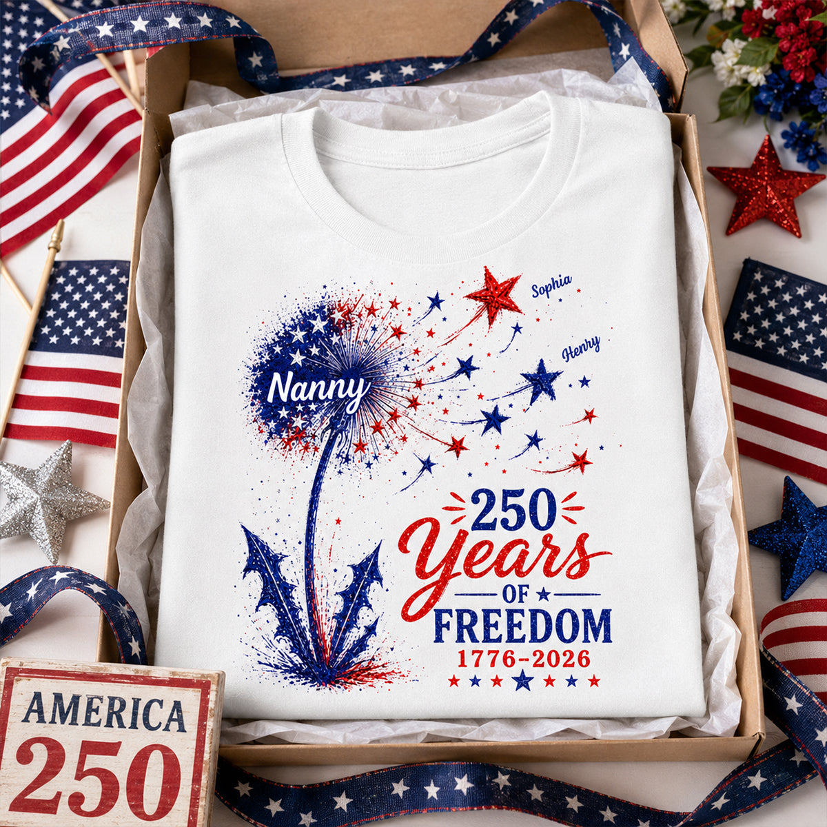 Grandma Patriotic Dandelion 250th Anniversary - Personalized Shirt - Gift for Grandma