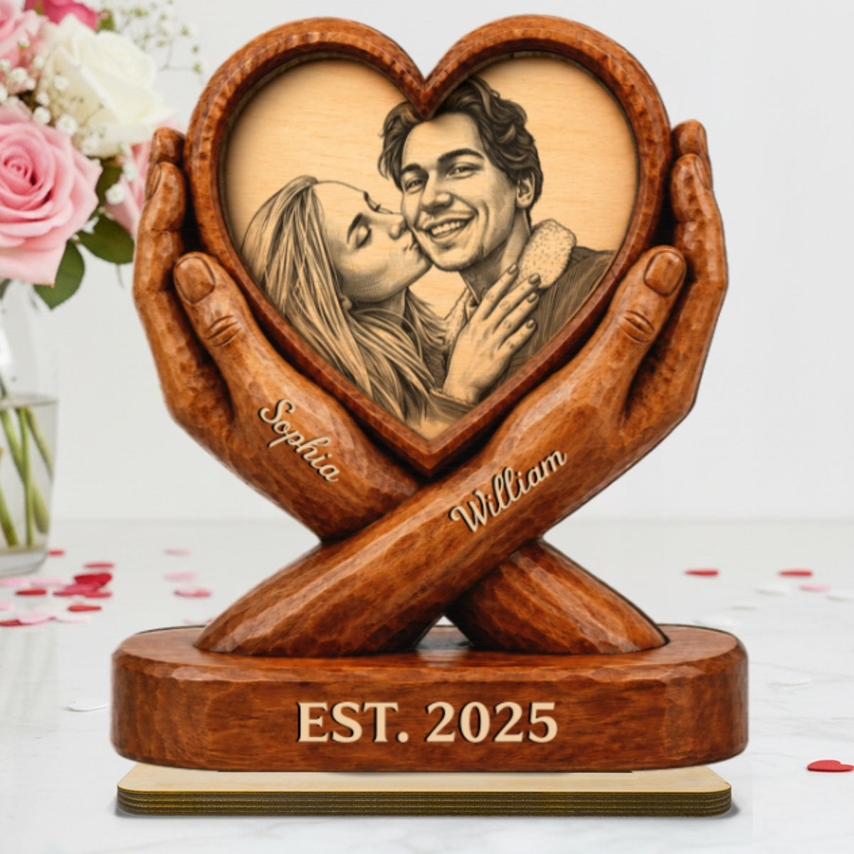 Custom Couple Photo Sketch Style Forever Love - Personalized 2-Layered Wooden Plaque - Anniversary Gift For Couple, For Him, For Her
