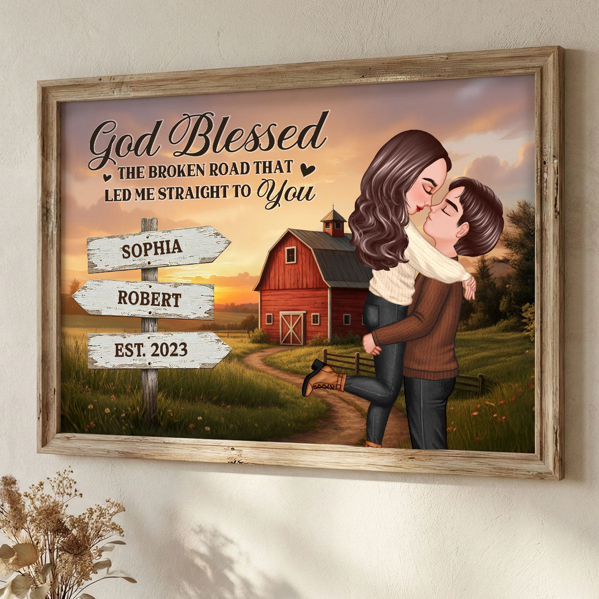 Rustic Nostalgia Red Barn House Sign Posts Couple Hugging Kissing Farmhouse Decor - Personalized Poster - Heartfelt Valentine, Anniversary Gift For Him, For Her
