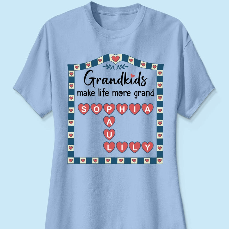 Old School Vintage Grandkids Names Crossword Puzzle Art - Personalized Shirt - Gift For Grandma