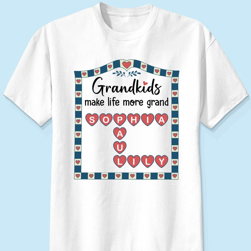 Old School Vintage Grandkids Names Crossword Puzzle Art - Personalized Shirt - Gift For Grandma