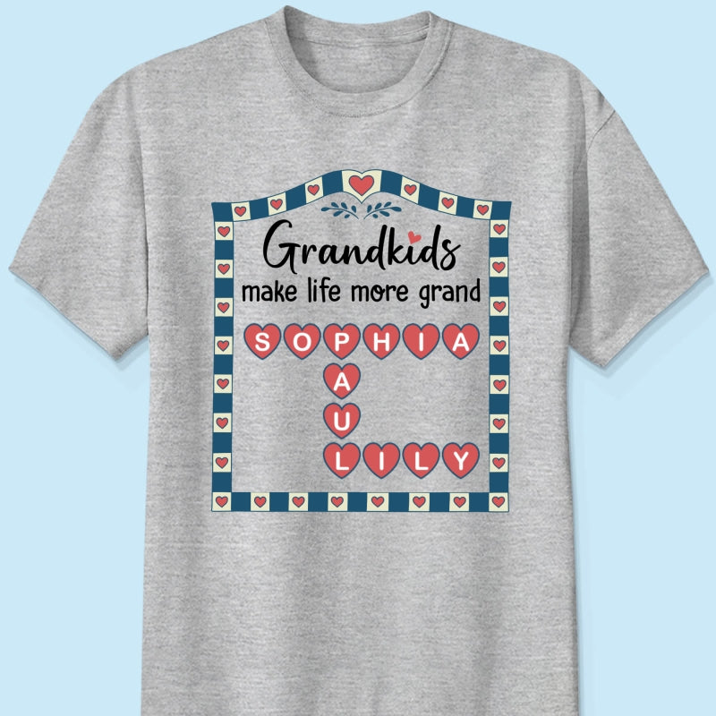 Old School Vintage Grandkids Names Crossword Puzzle Art - Personalized Shirt - Gift For Grandma