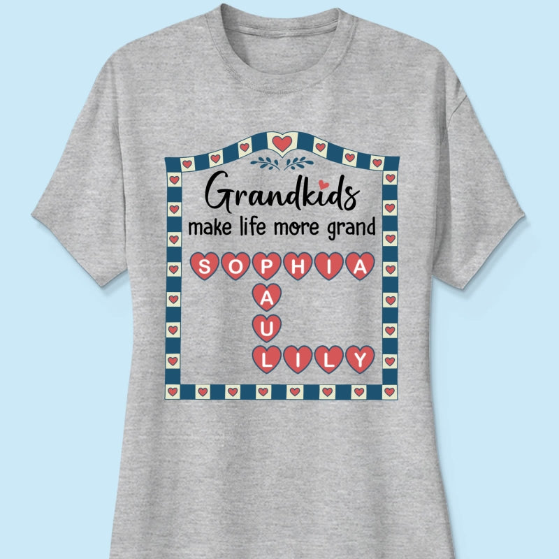 Old School Vintage Grandkids Names Crossword Puzzle Art - Personalized Shirt - Gift For Grandma