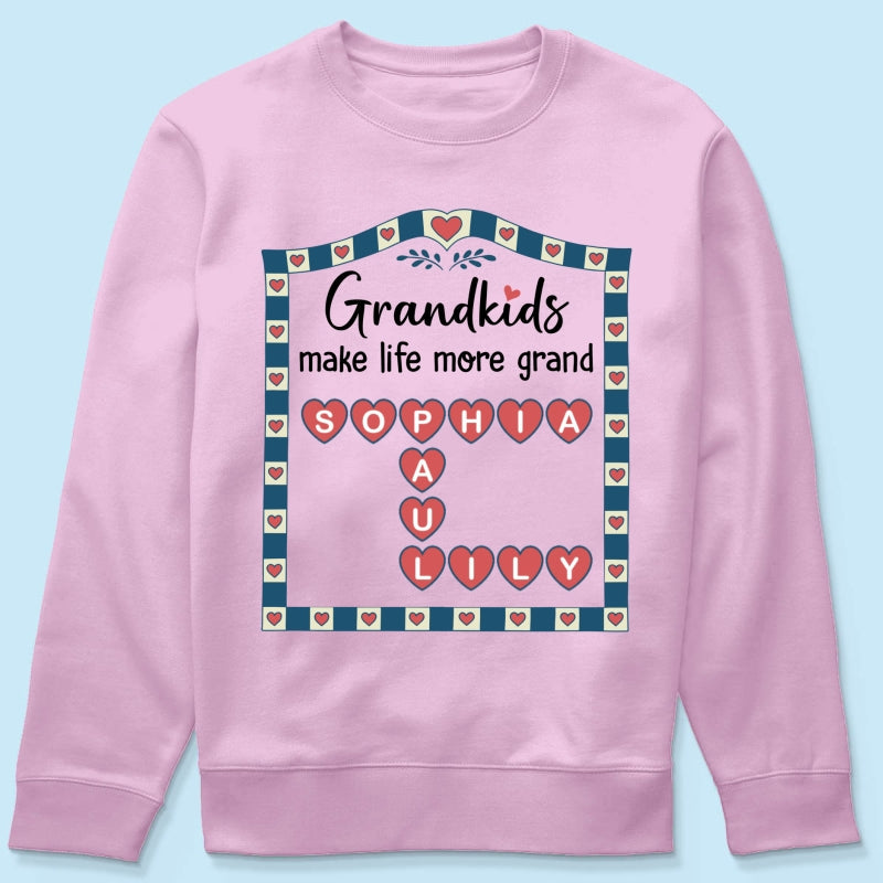 Old School Vintage Grandkids Names Crossword Puzzle Art - Personalized Shirt - Gift For Grandma