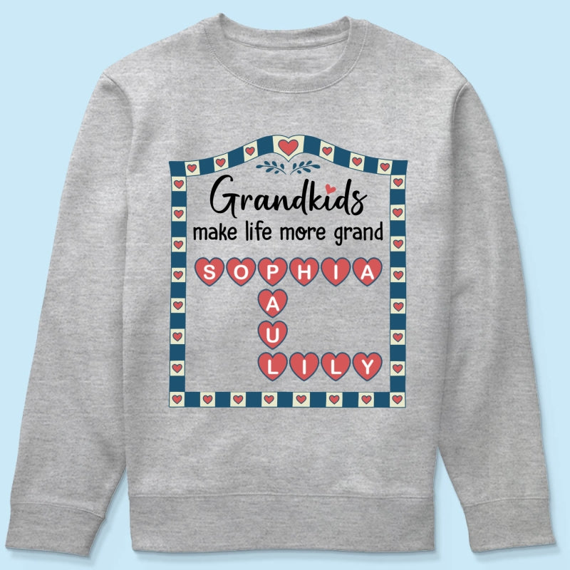 Old School Vintage Grandkids Names Crossword Puzzle Art - Personalized Shirt - Gift For Grandma