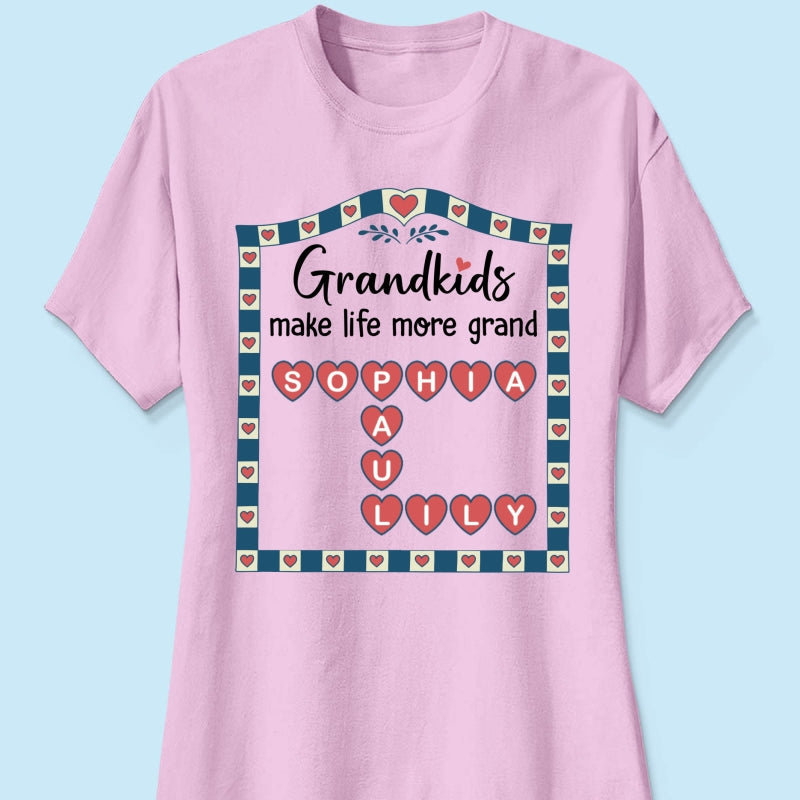 Old School Vintage Grandkids Names Crossword Puzzle Art - Personalized Shirt - Gift For Grandma