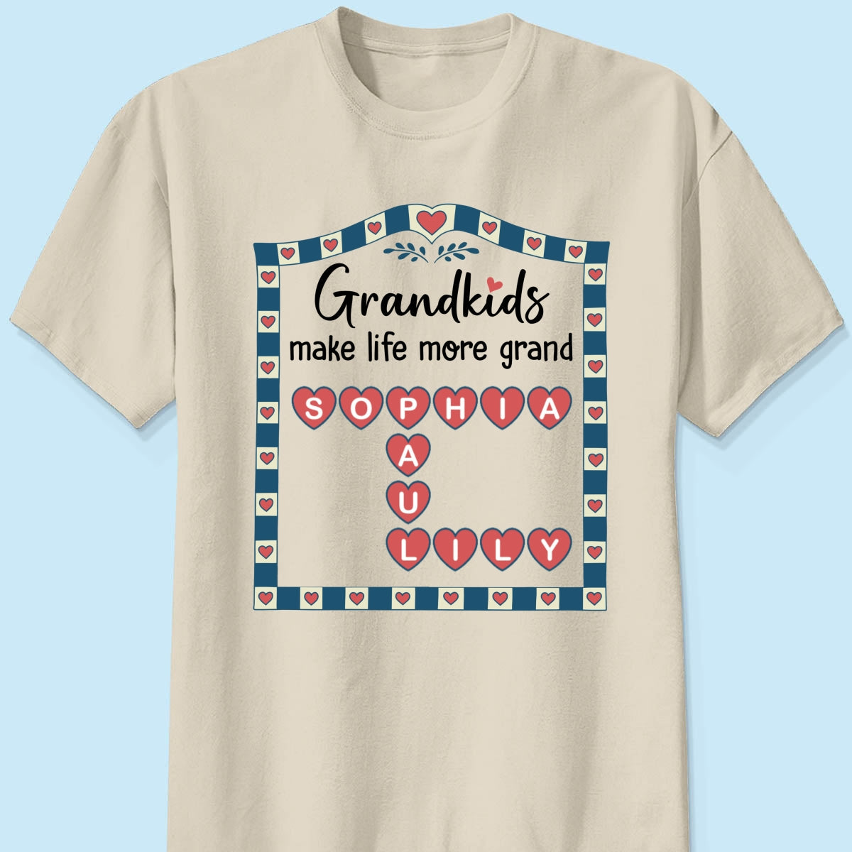 Old School Vintage Grandkids Names Crossword Puzzle Art - Personalized Shirt - Gift For Grandma