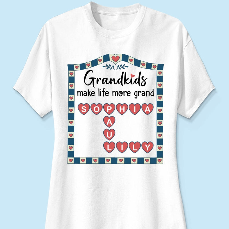 Old School Vintage Grandkids Names Crossword Puzzle Art - Personalized Shirt - Gift For Grandma