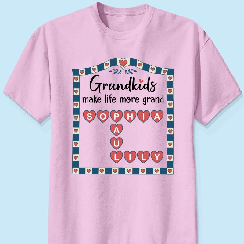 Old School Vintage Grandkids Names Crossword Puzzle Art - Personalized Shirt - Gift For Grandma