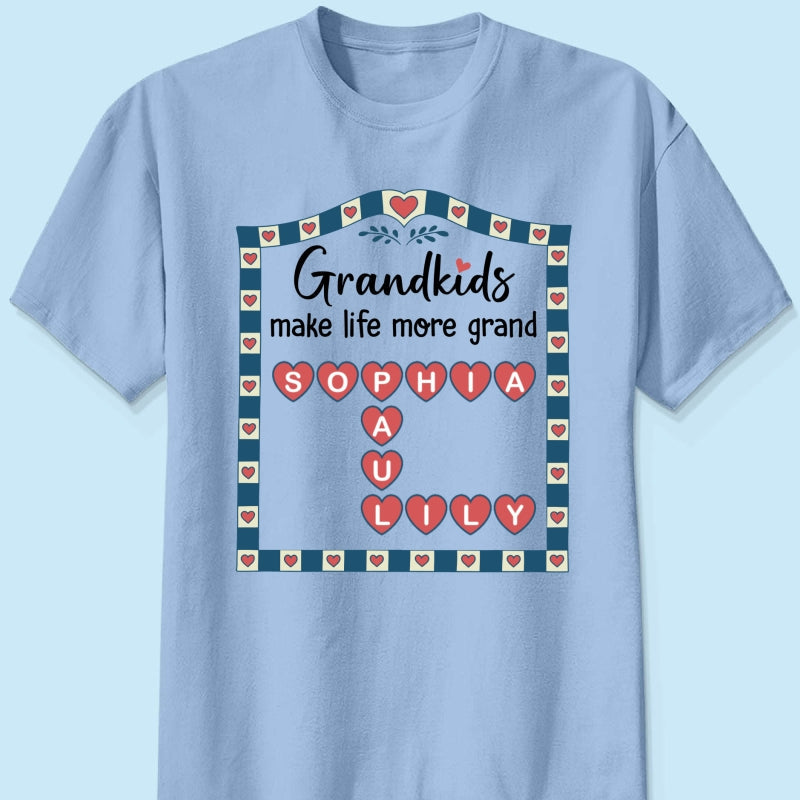 Old School Vintage Grandkids Names Crossword Puzzle Art - Personalized Shirt - Gift For Grandma