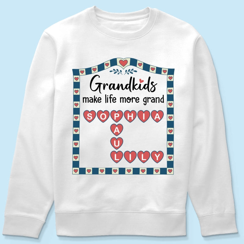 Old School Vintage Grandkids Names Crossword Puzzle Art - Personalized Shirt - Gift For Grandma