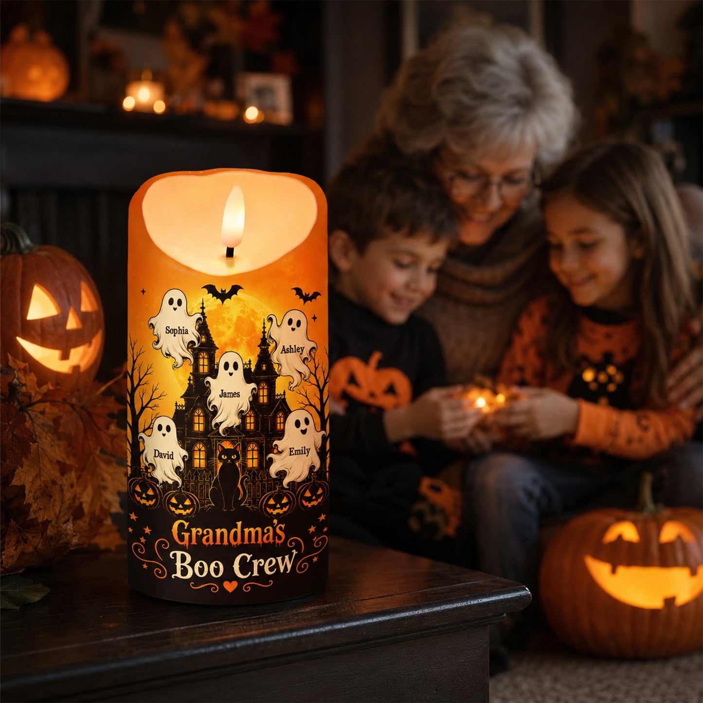 Grandma's Little Boo Crew Haunted House - Personalized LED Candle - Halloween Decor For Grandma