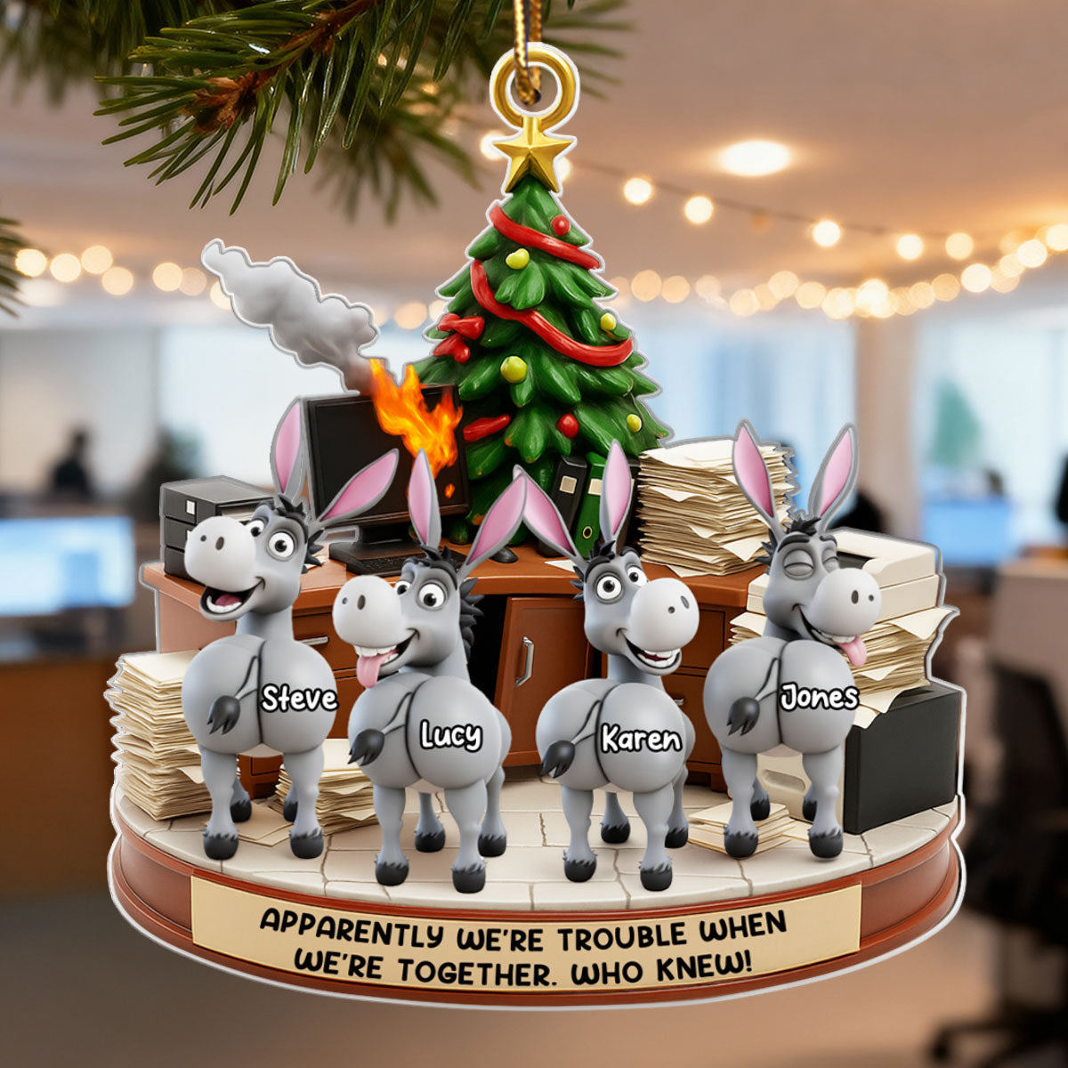 Trouble Together Donkey Coworker Office Decoration - Personalized Acrylic Ornament - Custom Employee Gift Exchange, White Elephant Gift
