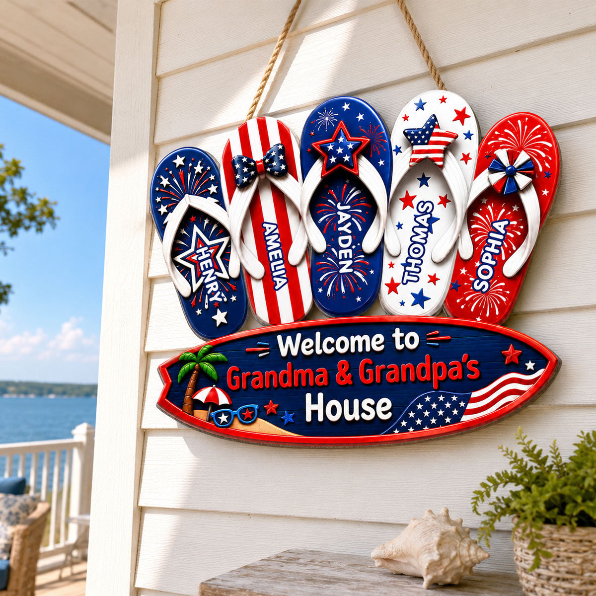 Welcome To Grandma Grandpa House Summer America 250th Anniversary - Personalized Wood Sign - Gift For Grandparents, 4th of July Decoration