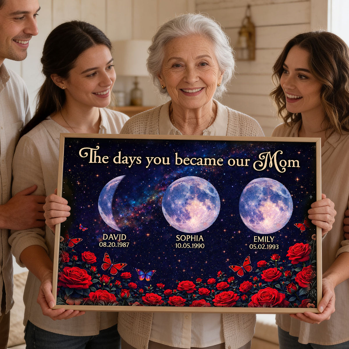 Roses The Day You Became Mom Grandma Custom Birth Moon Phase - Personalized Poster - Mother's Day Gift For Mom, Grandma