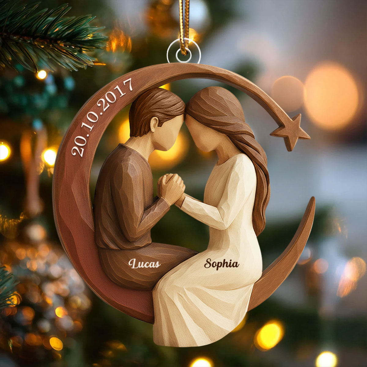 Couple I Love to the Moon and Back 3D Wooden Effect - Personalized Acrylic Ornament - Christmas Gift for Couples