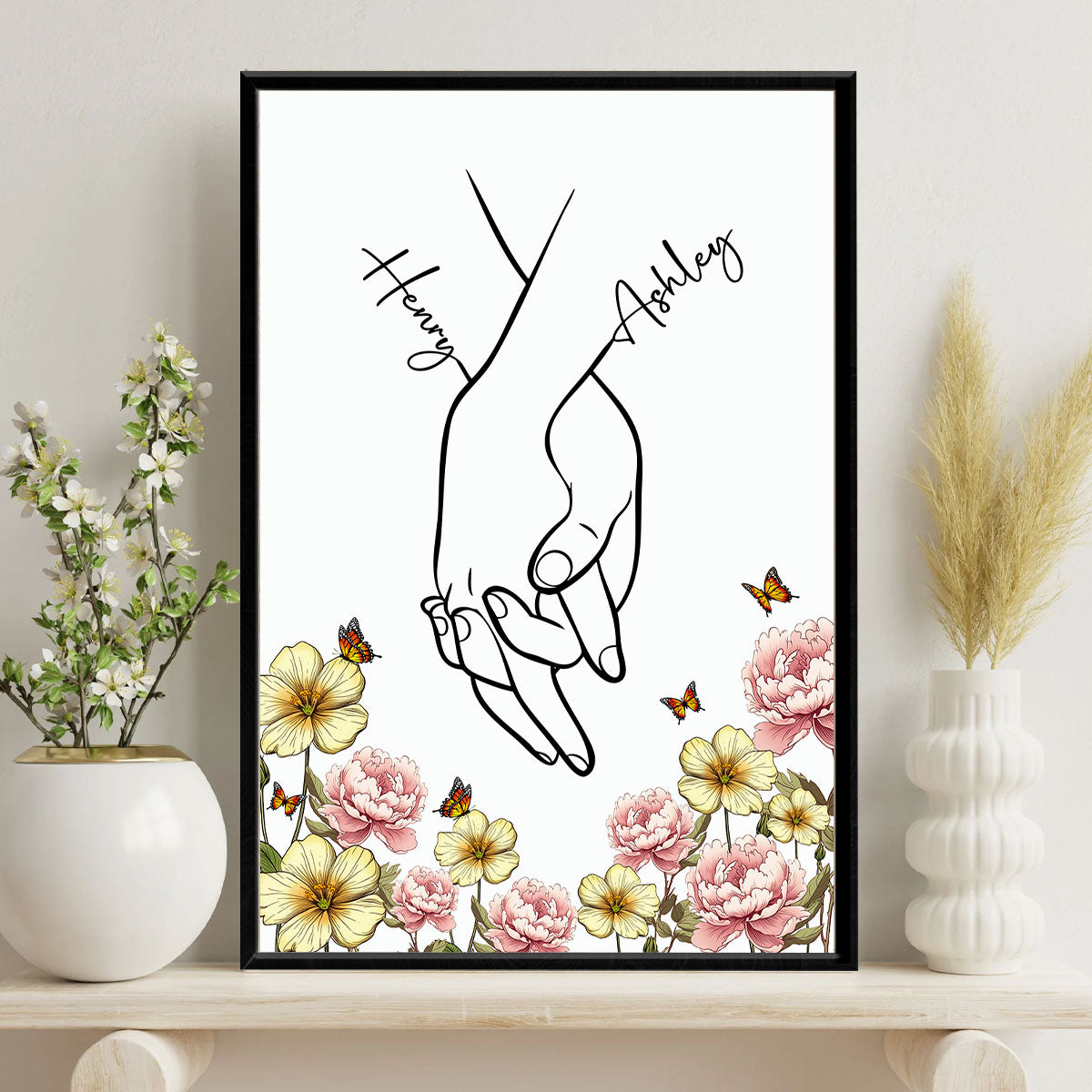 I Love You Couple Hand Print Birth Flower - Personalized Poster - Sentimental Gift for him, for her