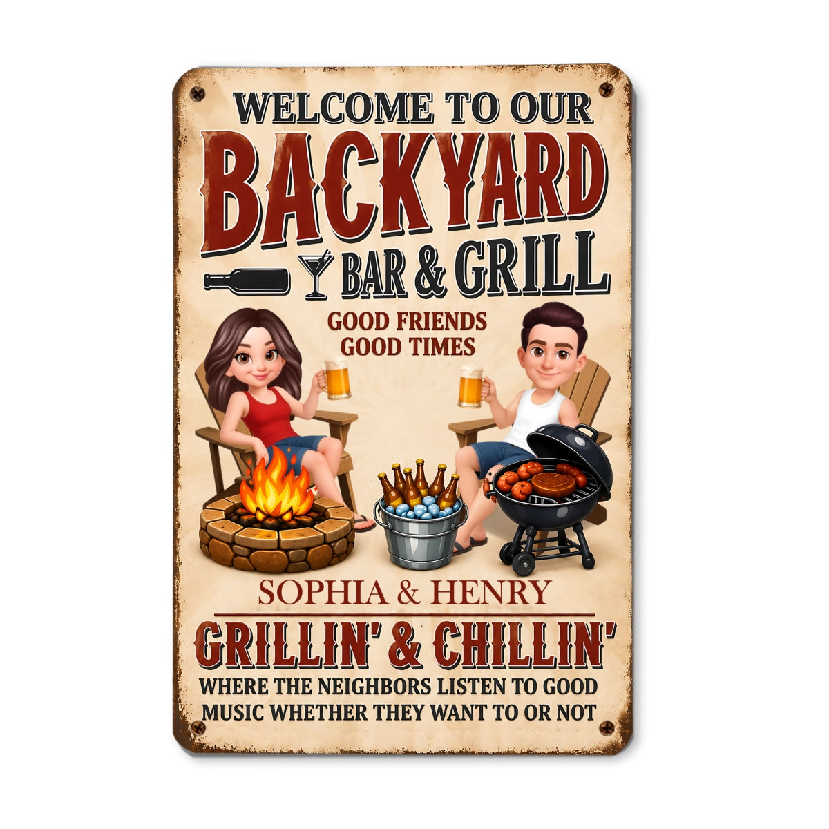 Welcome To Our Backyard Bar & Grill - Personalized Metal Sign - Gift For Couple, Family, Summer Decorations