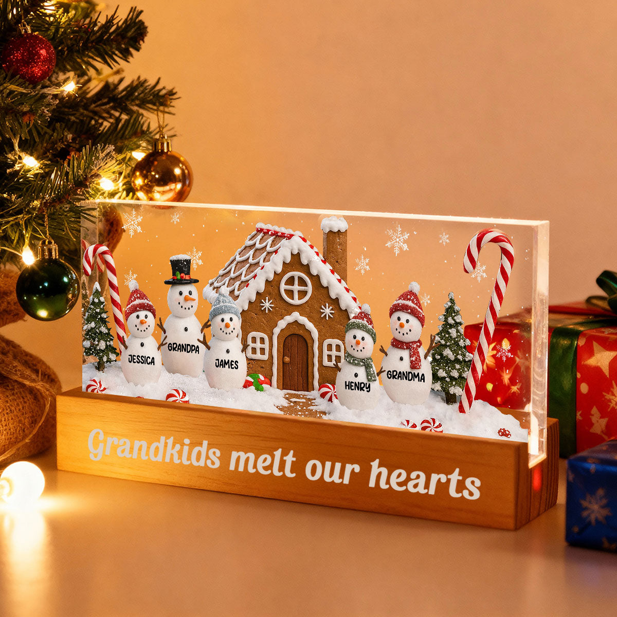 3D Effect Snowman Family Grandparents In Snow - Personalized Acrylic Block LED Night Light - Christmas Decor For Grandma, Family