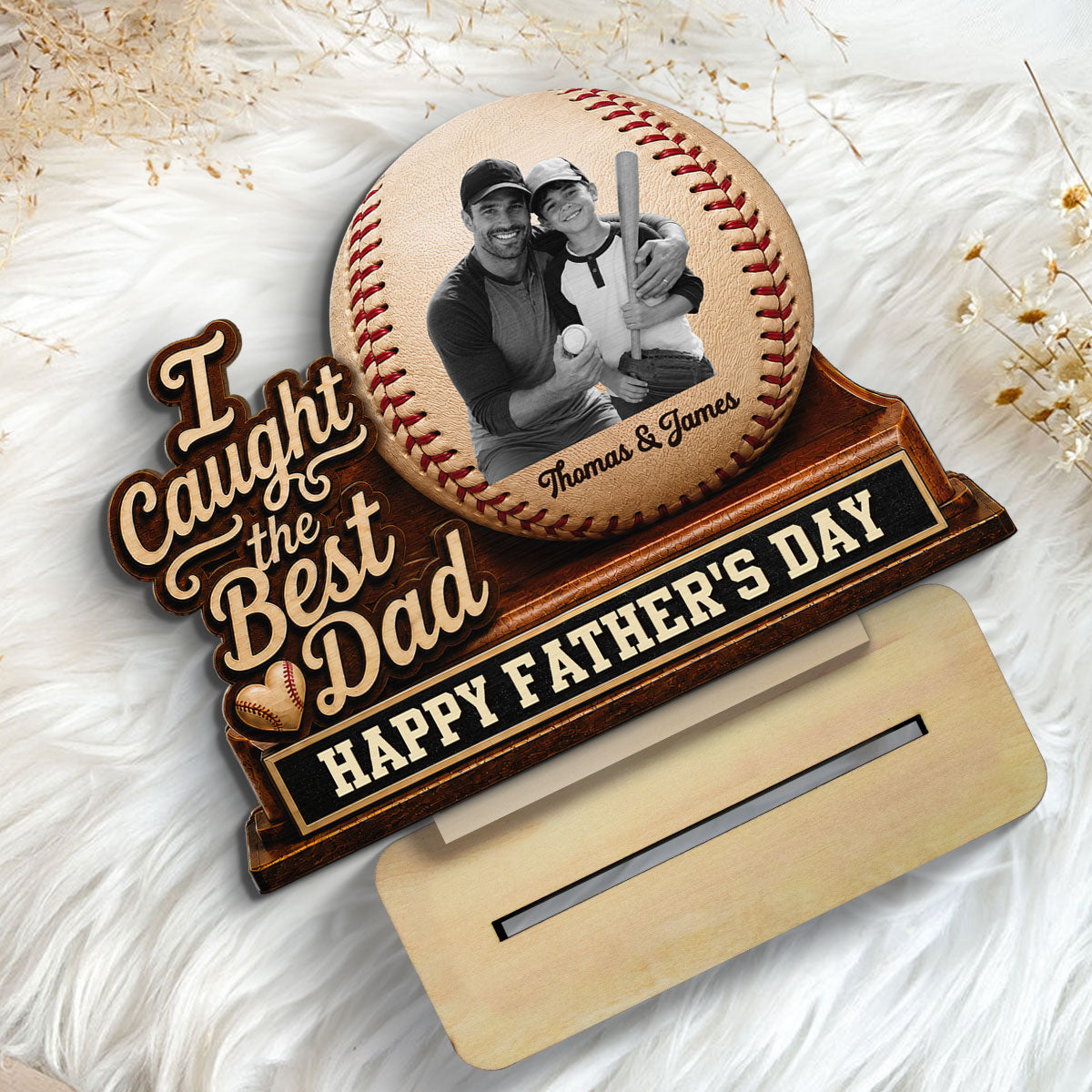 We Caught The Best Dad Custom Photo 2D Flat Printed - Personalized 2-Layered Wooden Plaque - Happy  For Baseball Dad