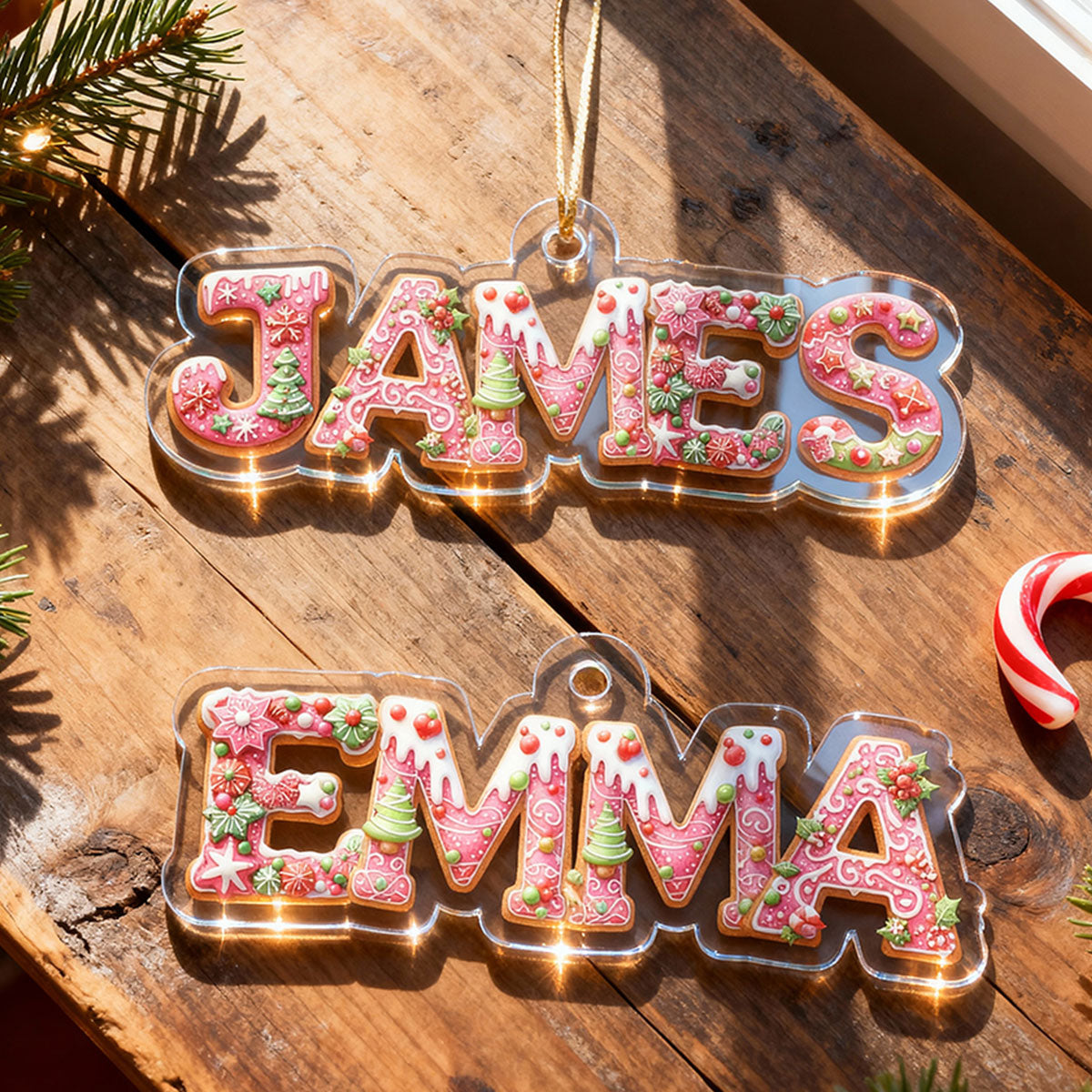 Pink Gingerbread Alphabet Custom Name - Personalized Acrylic Ornament - Christmas Tree Decor