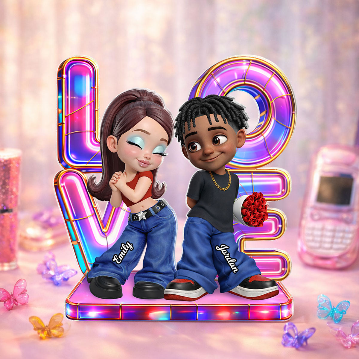 Holographic Love Y2K Couple - Personalized Acrylic Block Plaque - Valentine's Day Gift for Her, for Him