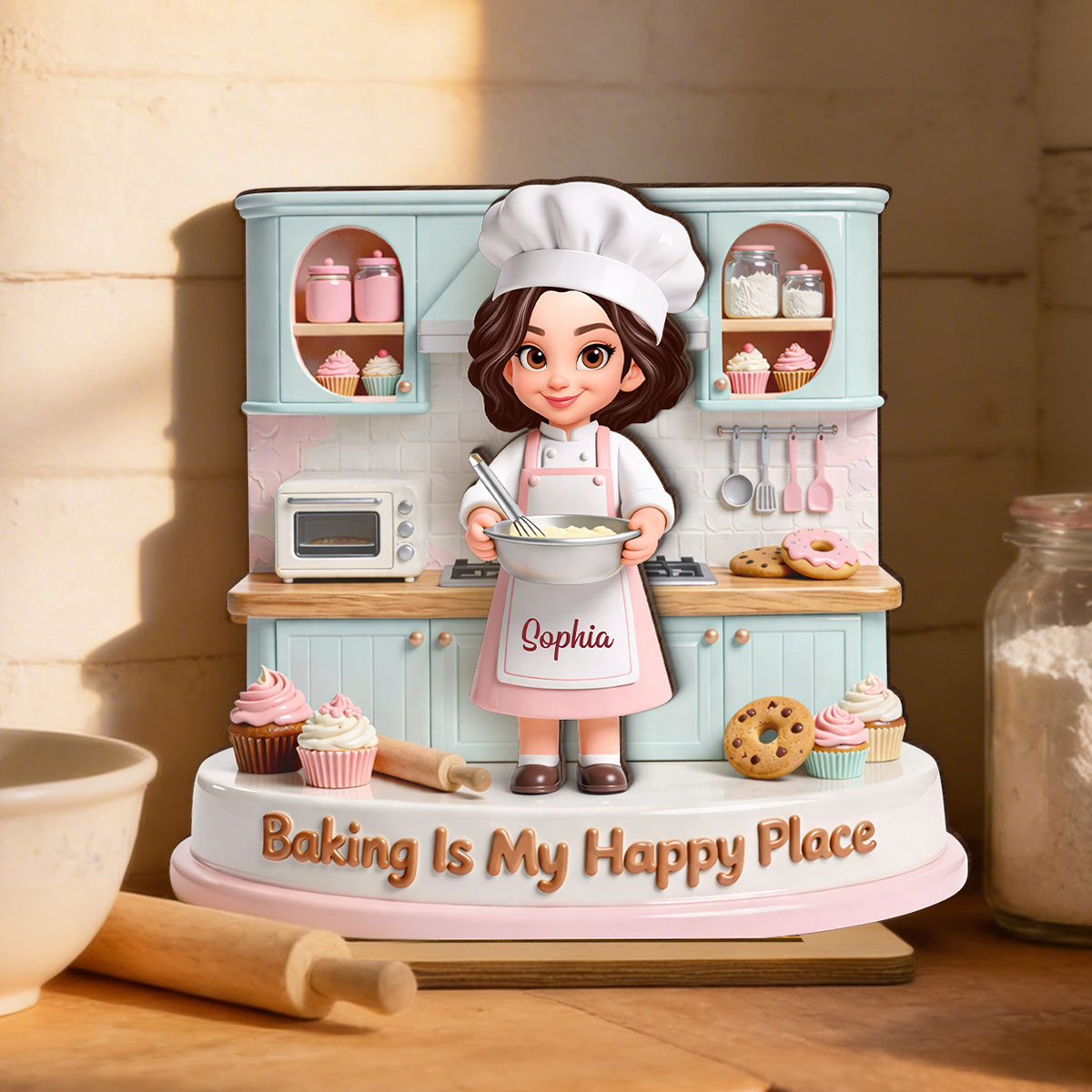 Baking Is My Happy Place - Personalized 2-Layered Wooden Plaque - Gift For Mom, Grandma