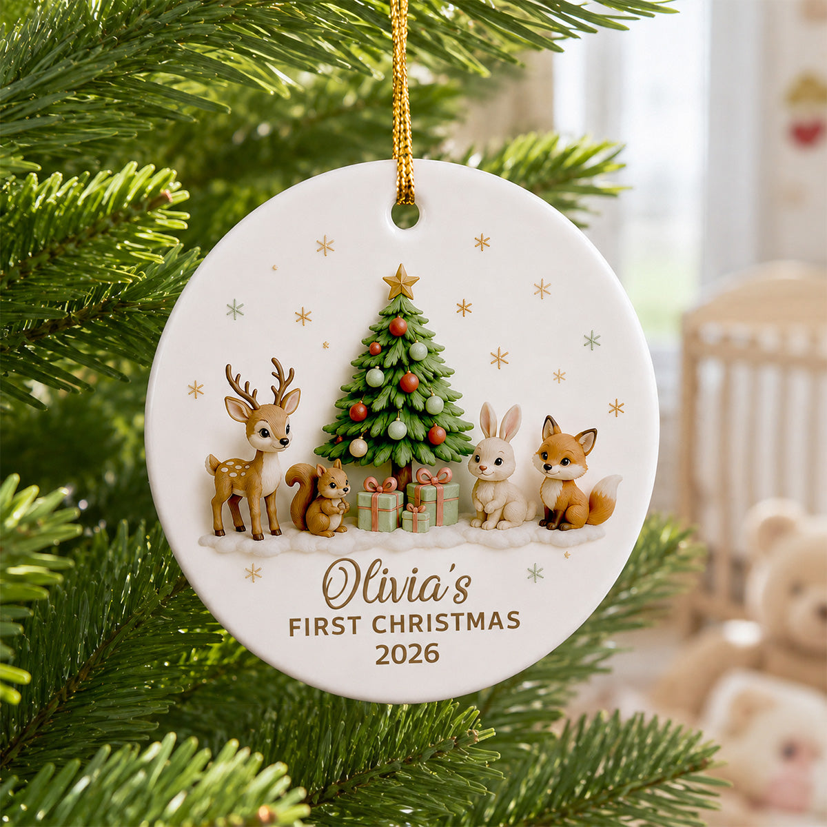 Baby’s First Christmas Tree & Woodland Animals 2D Flat - Personalized Ceramic Ornament - New Baby Christmas Keepsake