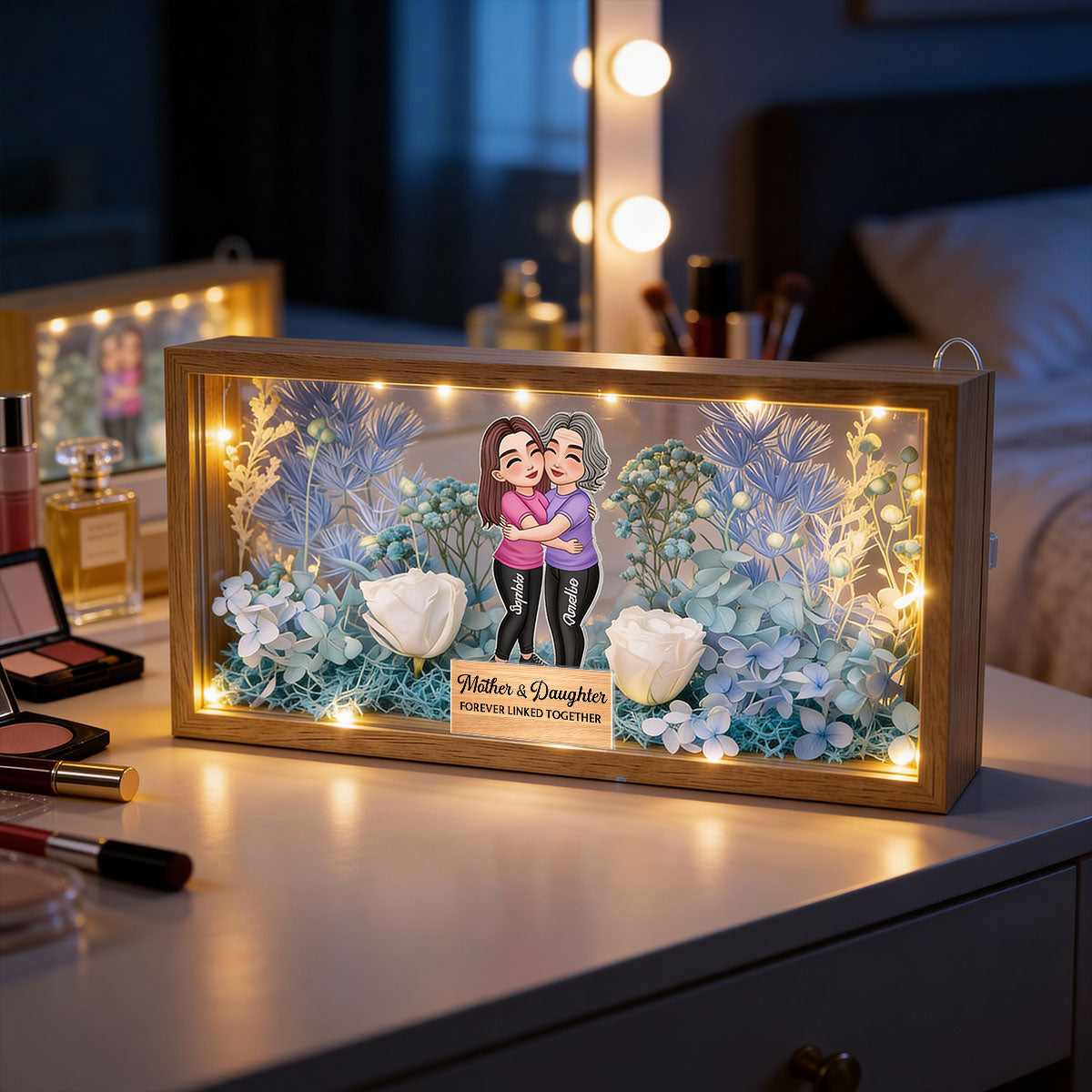 Mom & Daughter Forever Linked Together - Personalized DIY Flower Shadow Box LED Night Light - Gift For Mom, Daughter