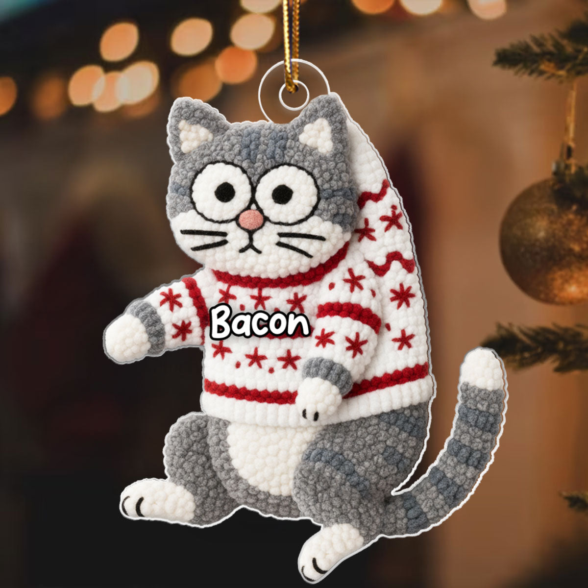 Funny Cat Hanging Latch Hook Yarn Faux - Personalized Acrylic Ornament - Christmas Gift for Cat Lovers