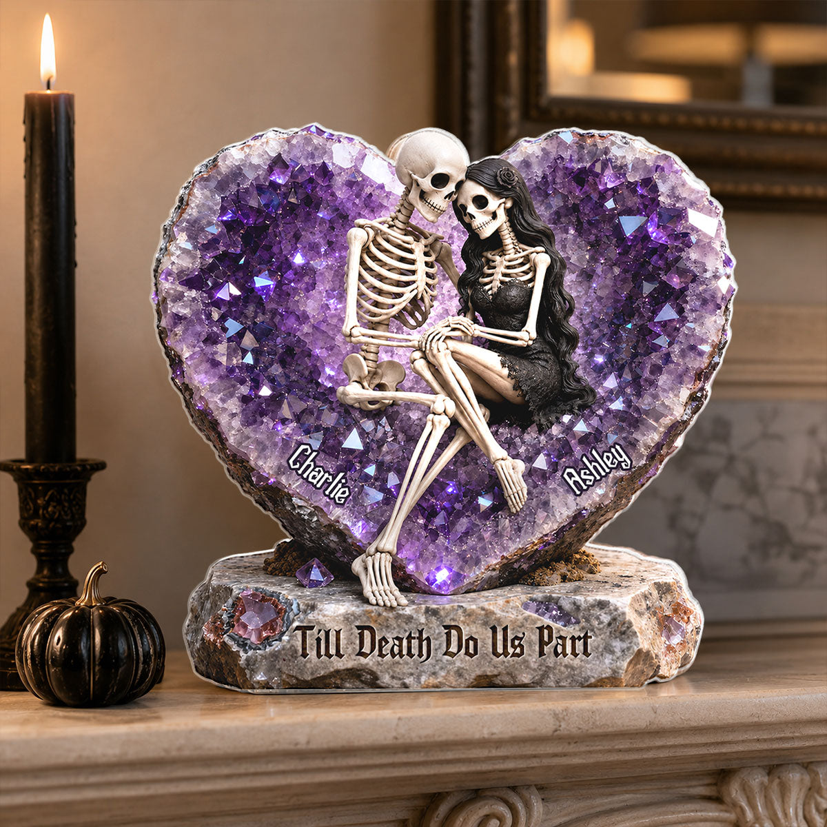Till Death Do Us Part Skeleton Couple Quartz Heart - Personalized Acrylic Block Plaque - Halloween Decor Gift, Gift For Couple