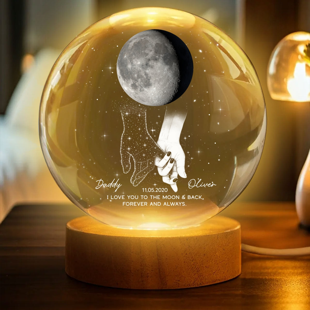 Lost Loved One Holding Hands Moon Phase Galaxy Art - Personalized Crystal Ball Night Light - Memorial Sympathy Gift