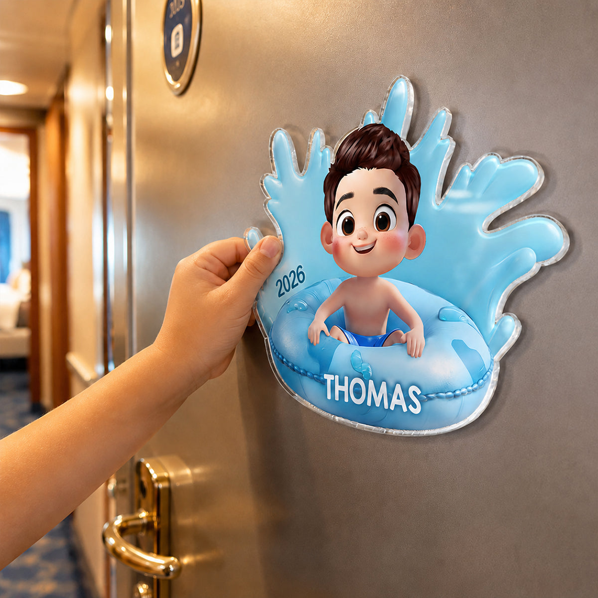 Cute Kid On Float - Personalized Cruise Ship Door Magnet - Cruise Trip Keepsake For Kids