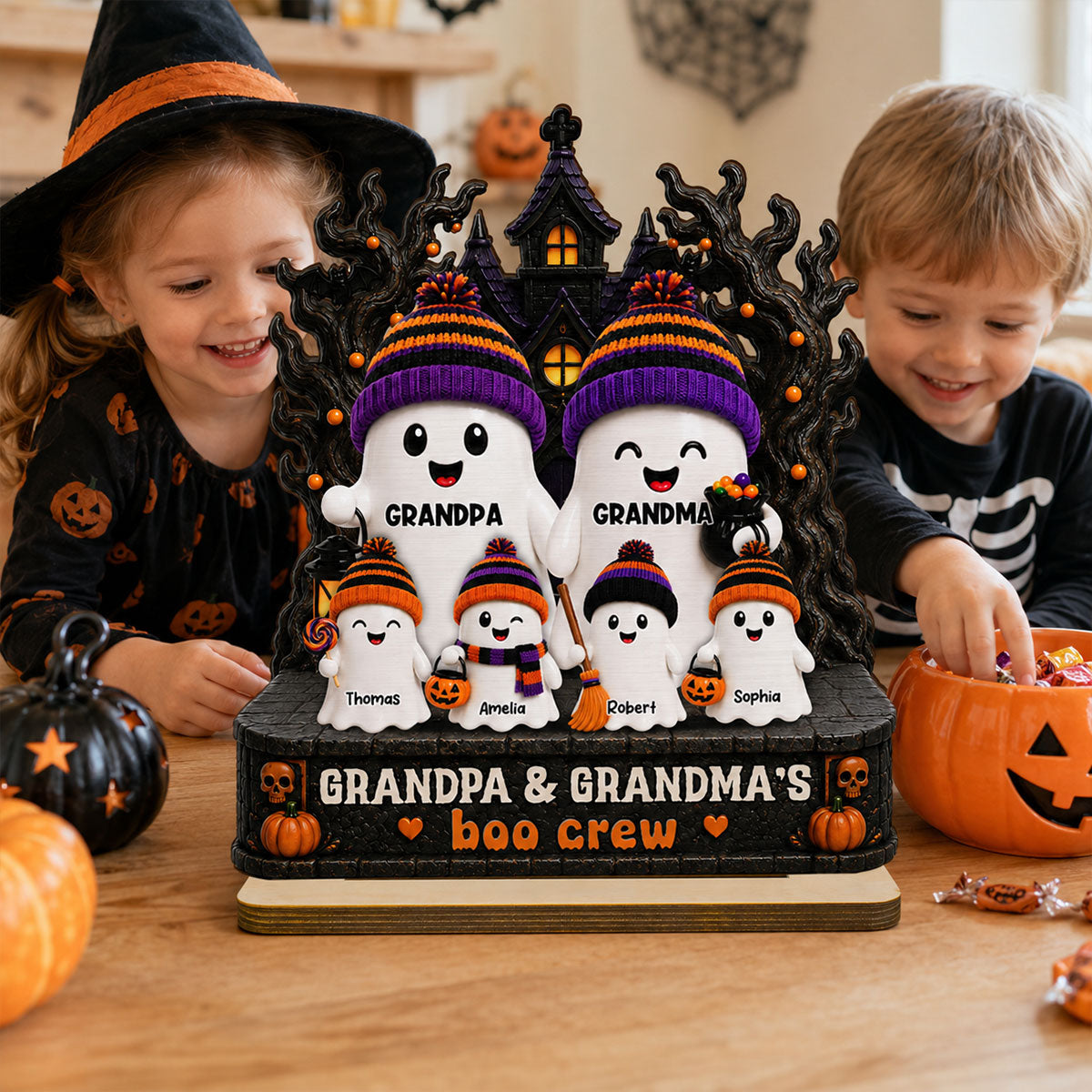 Mysterical Grandma Grandpa's Boo Crew Haunted House - Personalized 2-Layered Wooden Plaque - Halloween Decoration For Grandparents