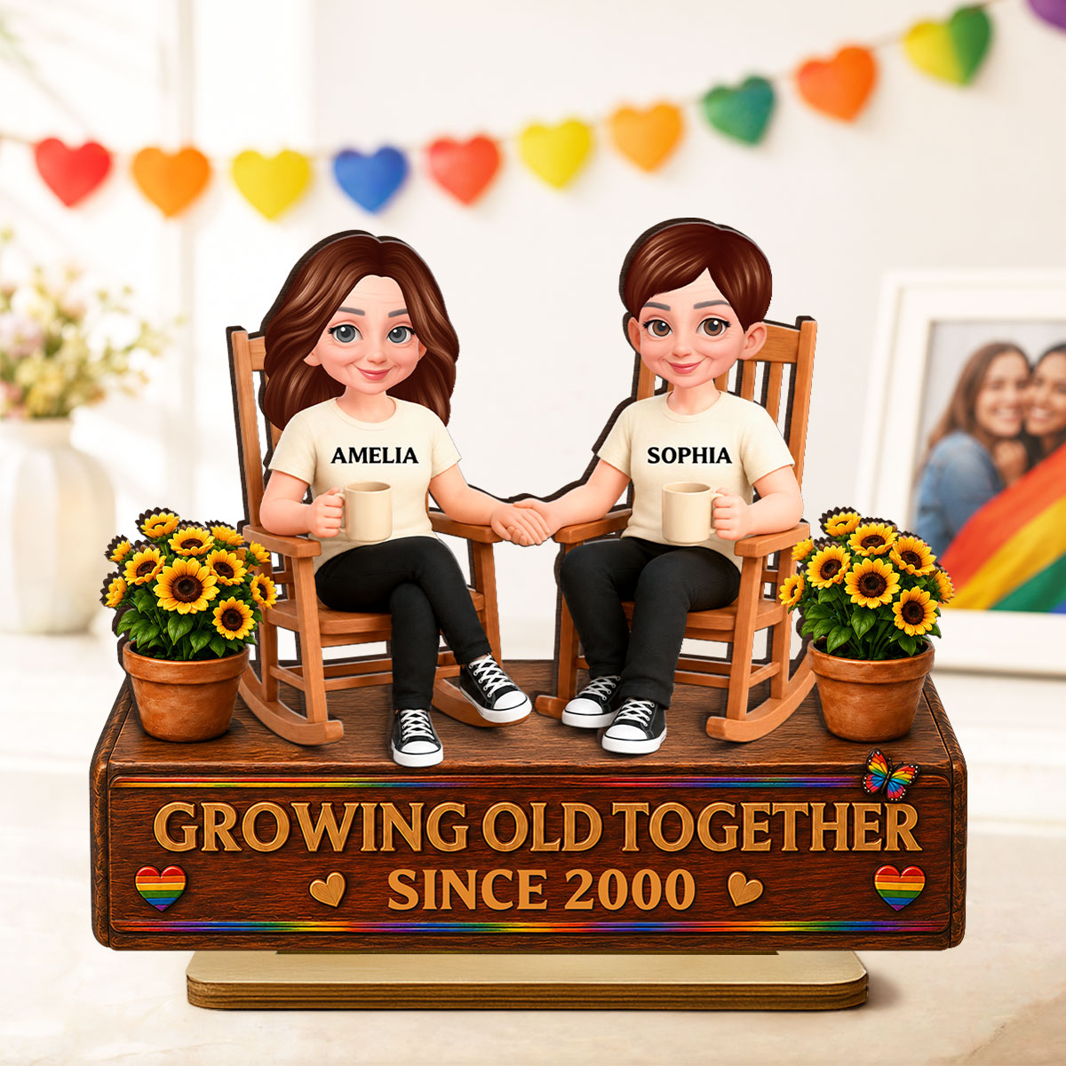 LGBT+ Couple Sitting On Garden - Personalized 2-Layered Wooden Plaque - Gift For Couple, Happy Pride Month
