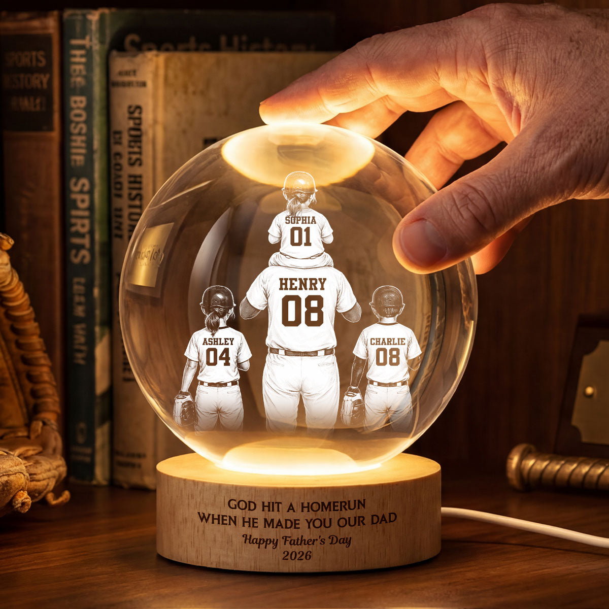 We Caught the Best Dad - Personalized Crystal Ball LED Night Light -  Gift for Dad, Husband