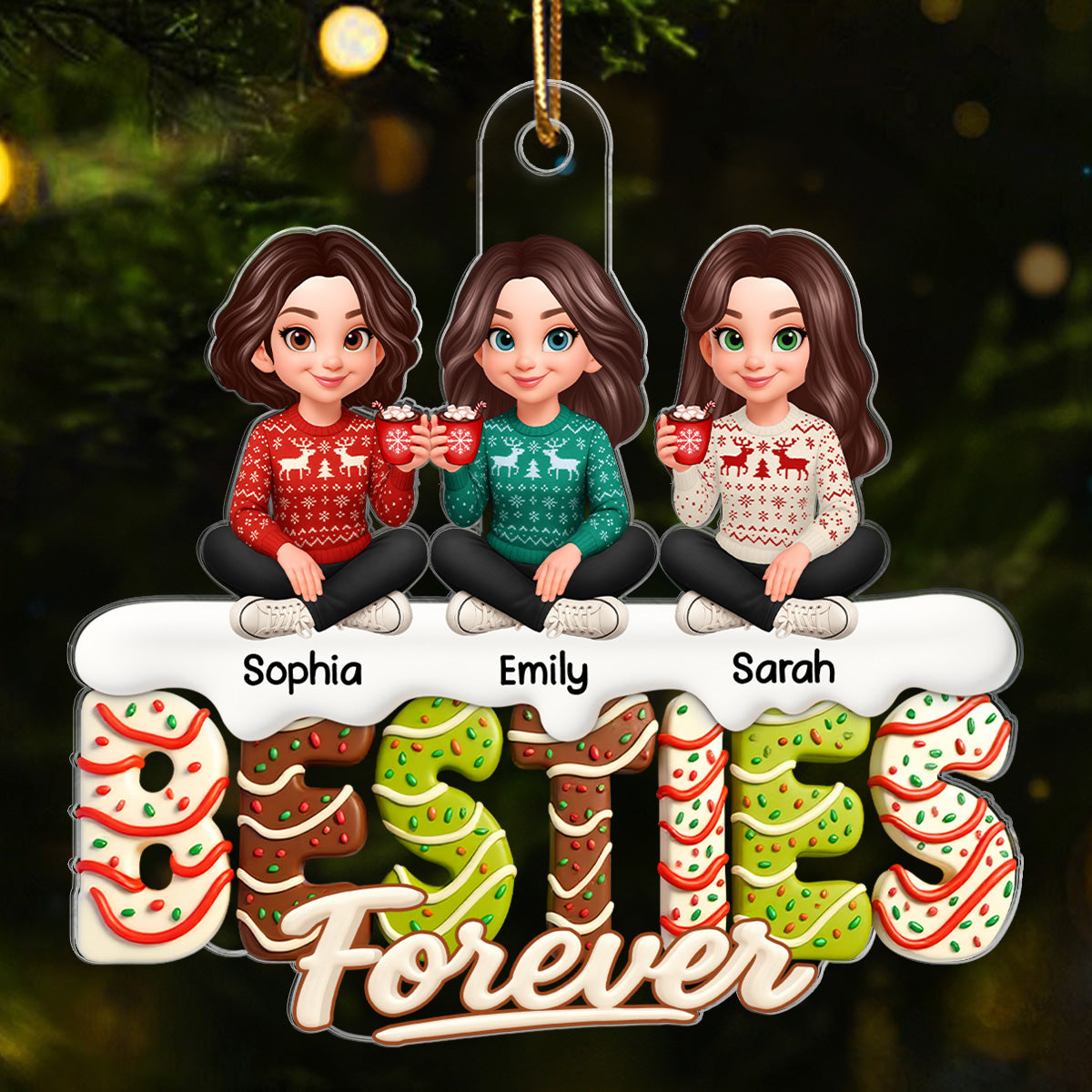 3D Effect Christmas Tree Cake Sisters Forever - Personalized Acrylic Ornament - Gift For Sisters