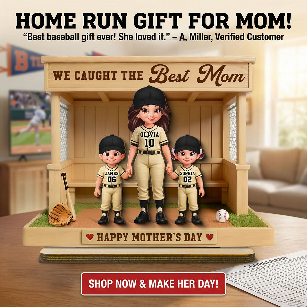 Eternal Love We Caught The Best Mom Happy Mother's Day - Personalized 2-Layered Wooden Plaque - Mother's Day Gift For Baseball Softball Mom