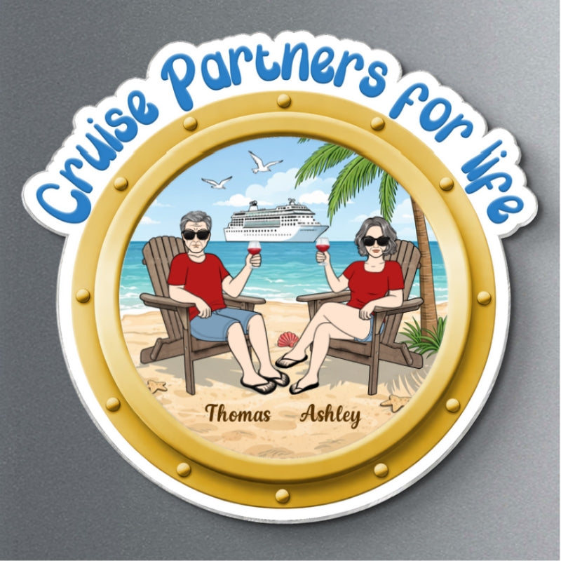 Cruise Partners For Life Porthole Old Couple Sitting On The Beach - Personalized Cruise Ship Door Magnet