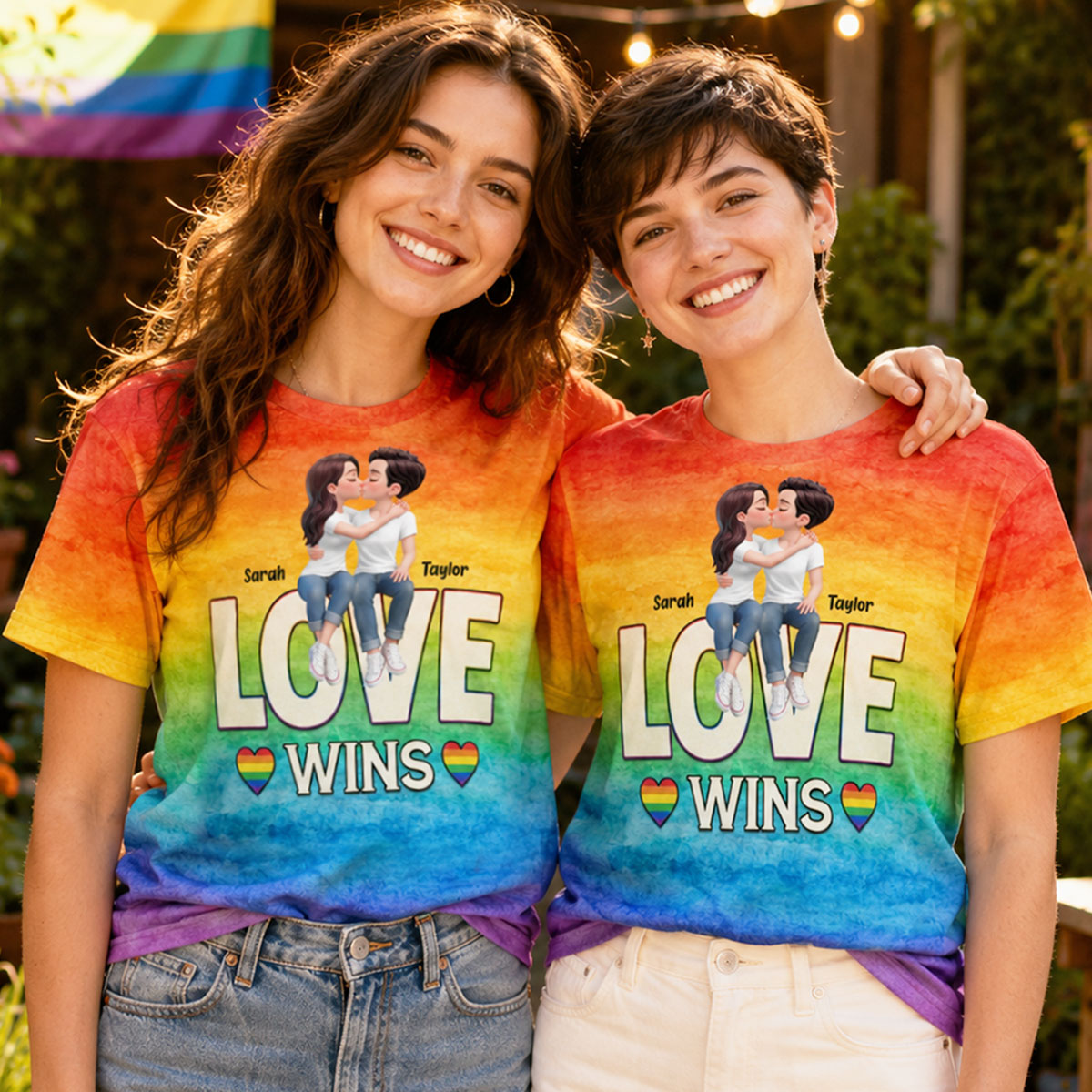 LGBT+ Watercolor Flag Couple Love Is Love - Personalized Shirt - Matching Shirts For Couple, Happy Pride Month
