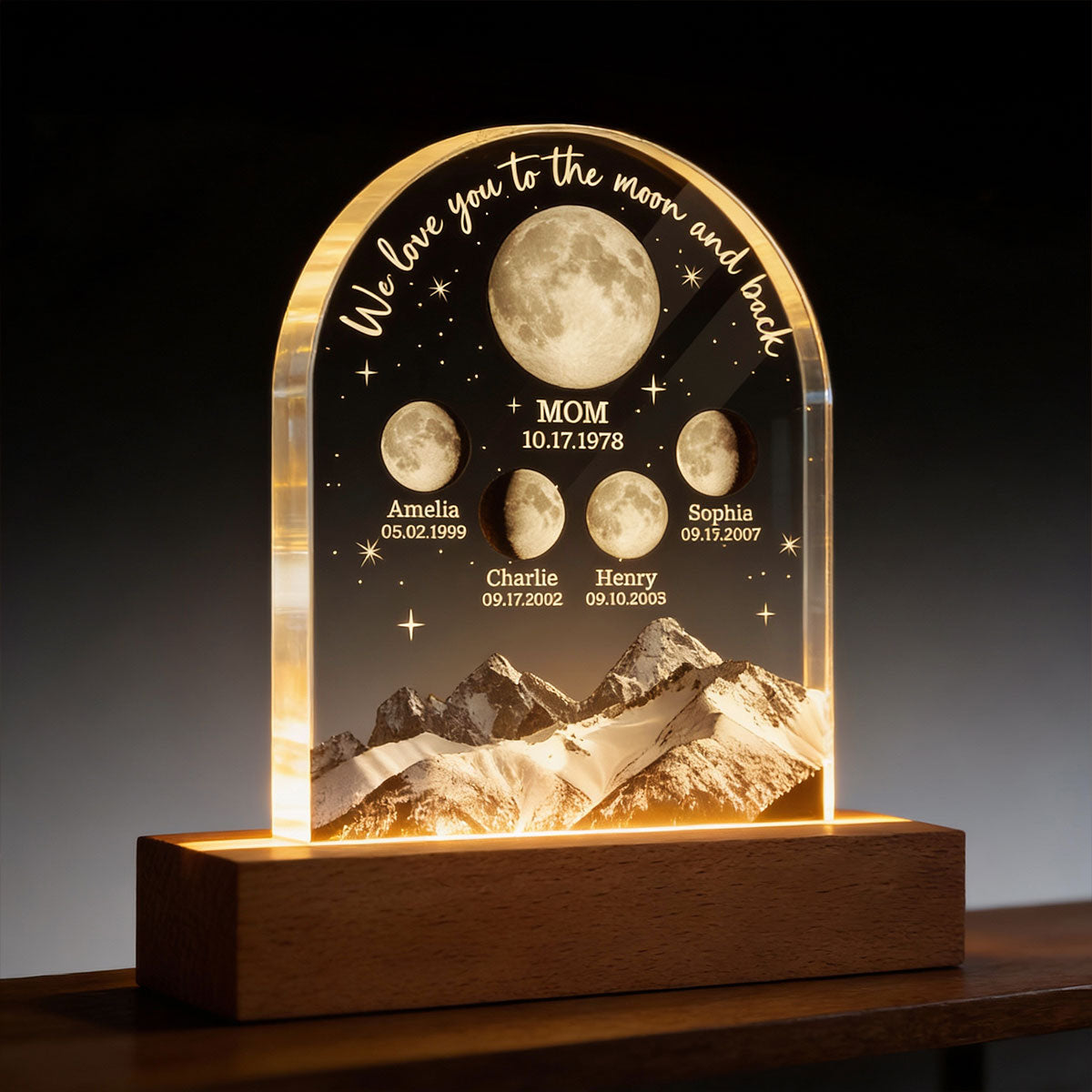 We Love You to the Moon and Back Custom Moon Phase by Date - Personalized Acrylic Block LED Night Light - Gift for Dad, Mom