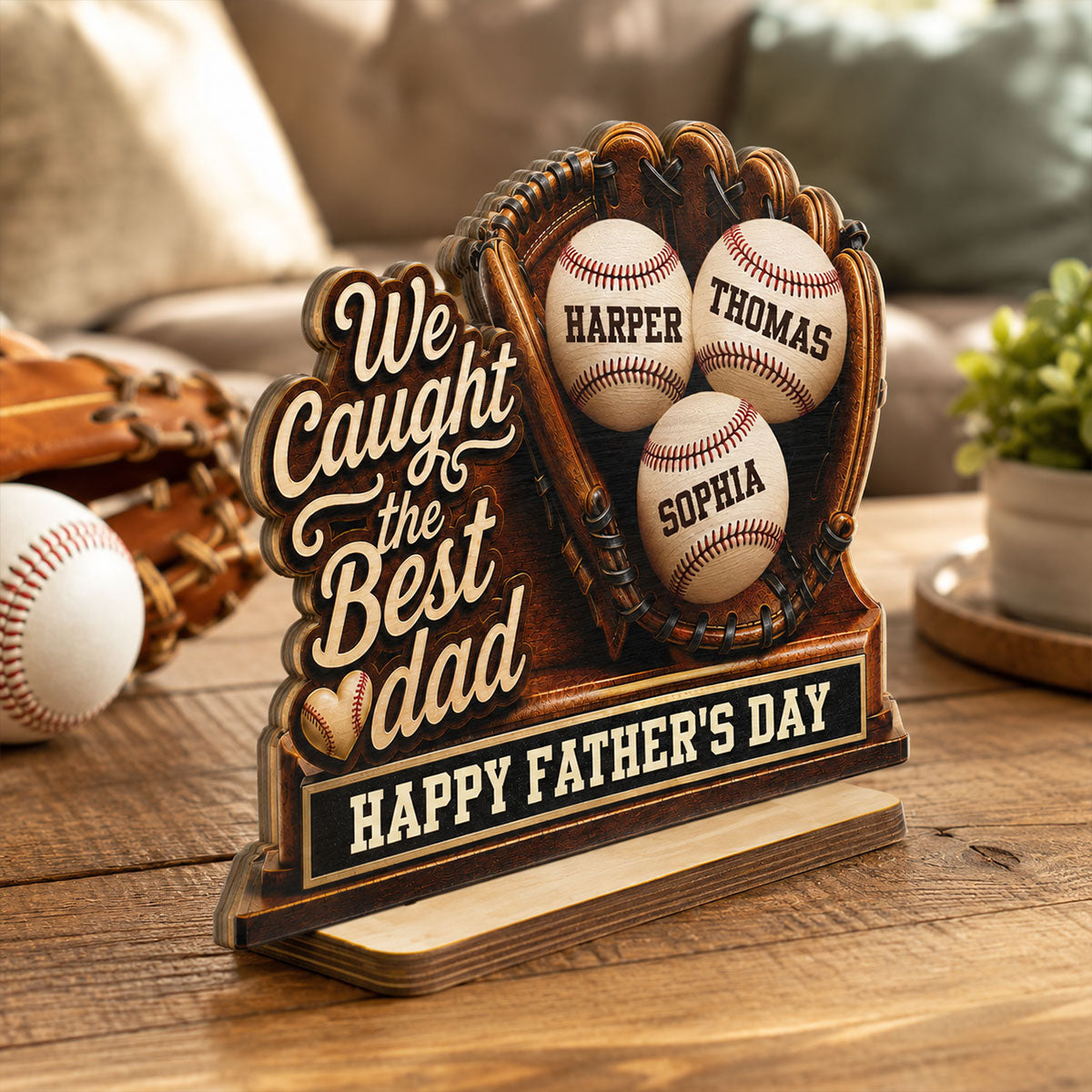 We Caught The Best Dad Baseball In Glove - Personalized 2-Layered Wooden Plaque - Happy  For Baseball Dad