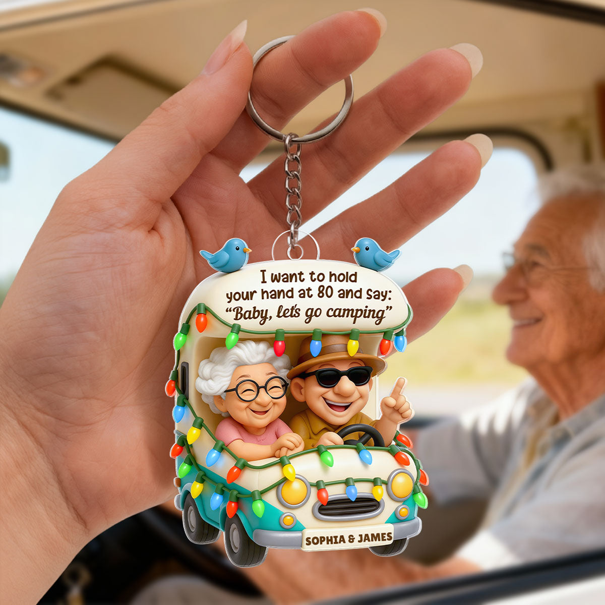 Old Couple Baby Let's Go Camping - Personalized Acrylic Keychain - Gift For Her, Gift For Him, Gift For Couple