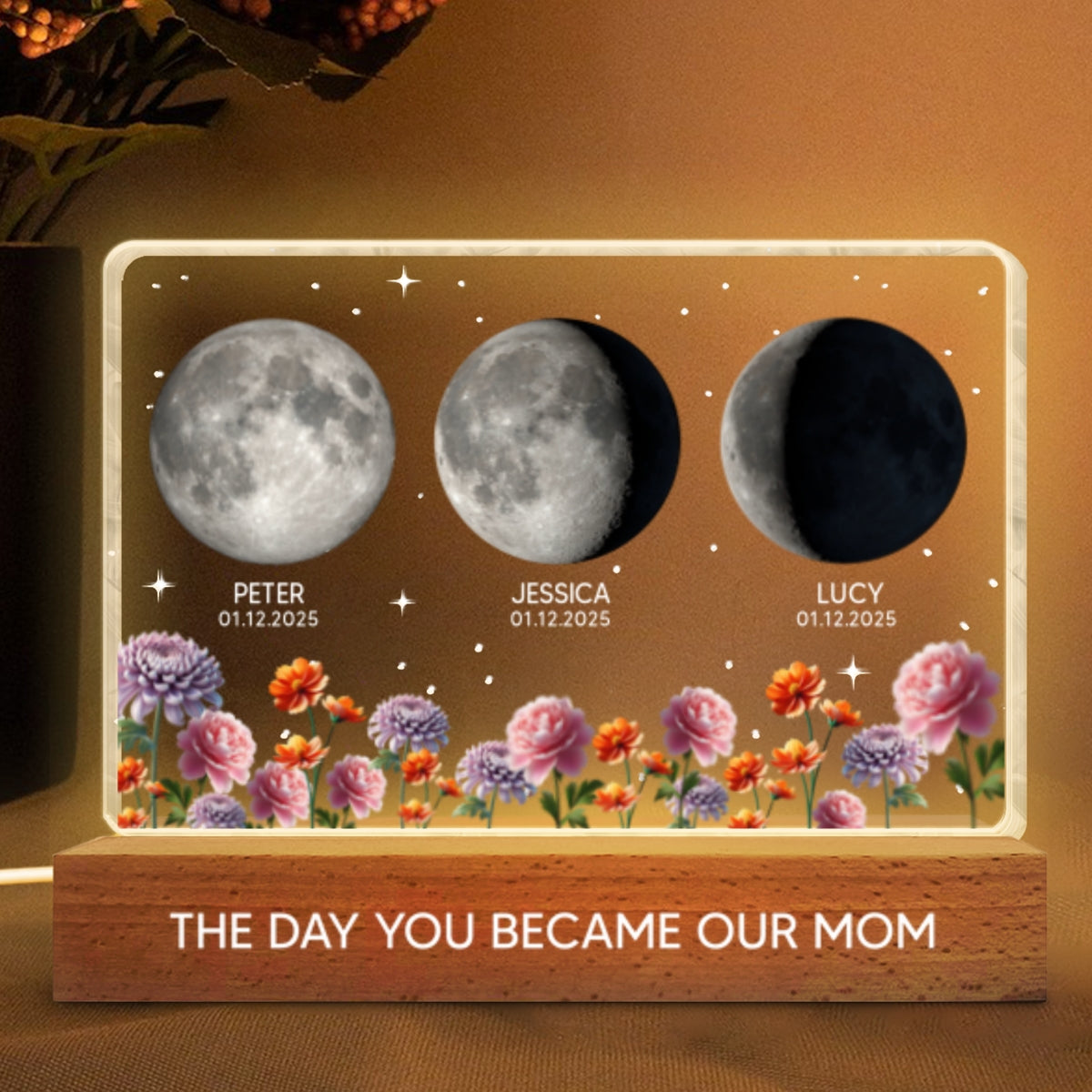 The Day You Became Our Mom Custom Moon Phase by Date - Personalized Acrylic Block LED Night Light, Custom Birth Flowers, Mother's Day Gift for Mom