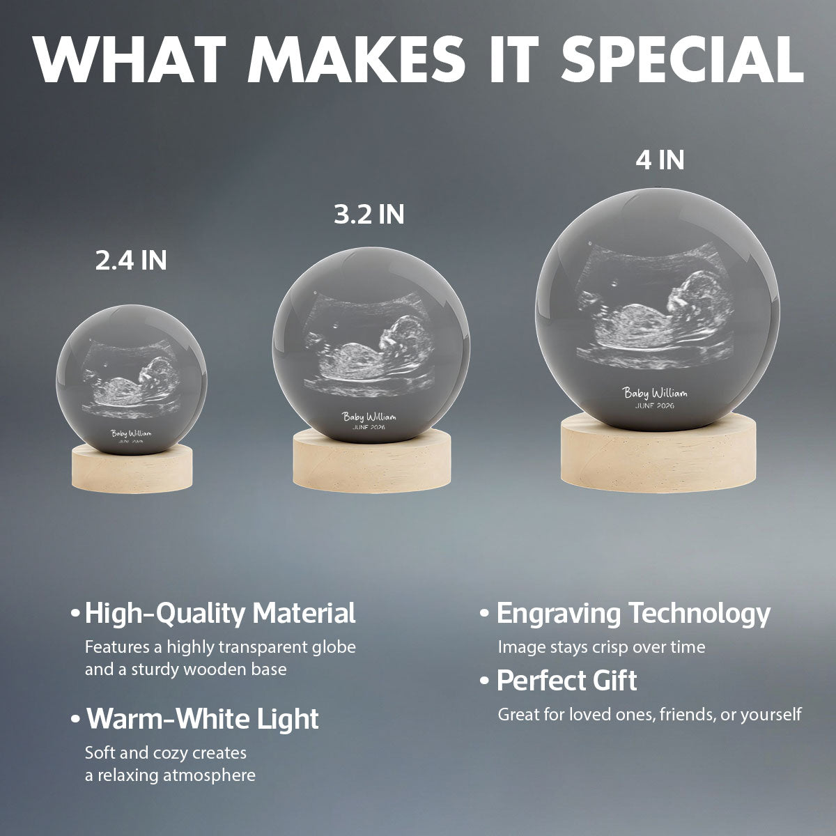 Custom Ultrasound Baby Sonogram - Personalized Crystal Ball LED Night Light - Pregnancy Reveal, Baby Shower Present