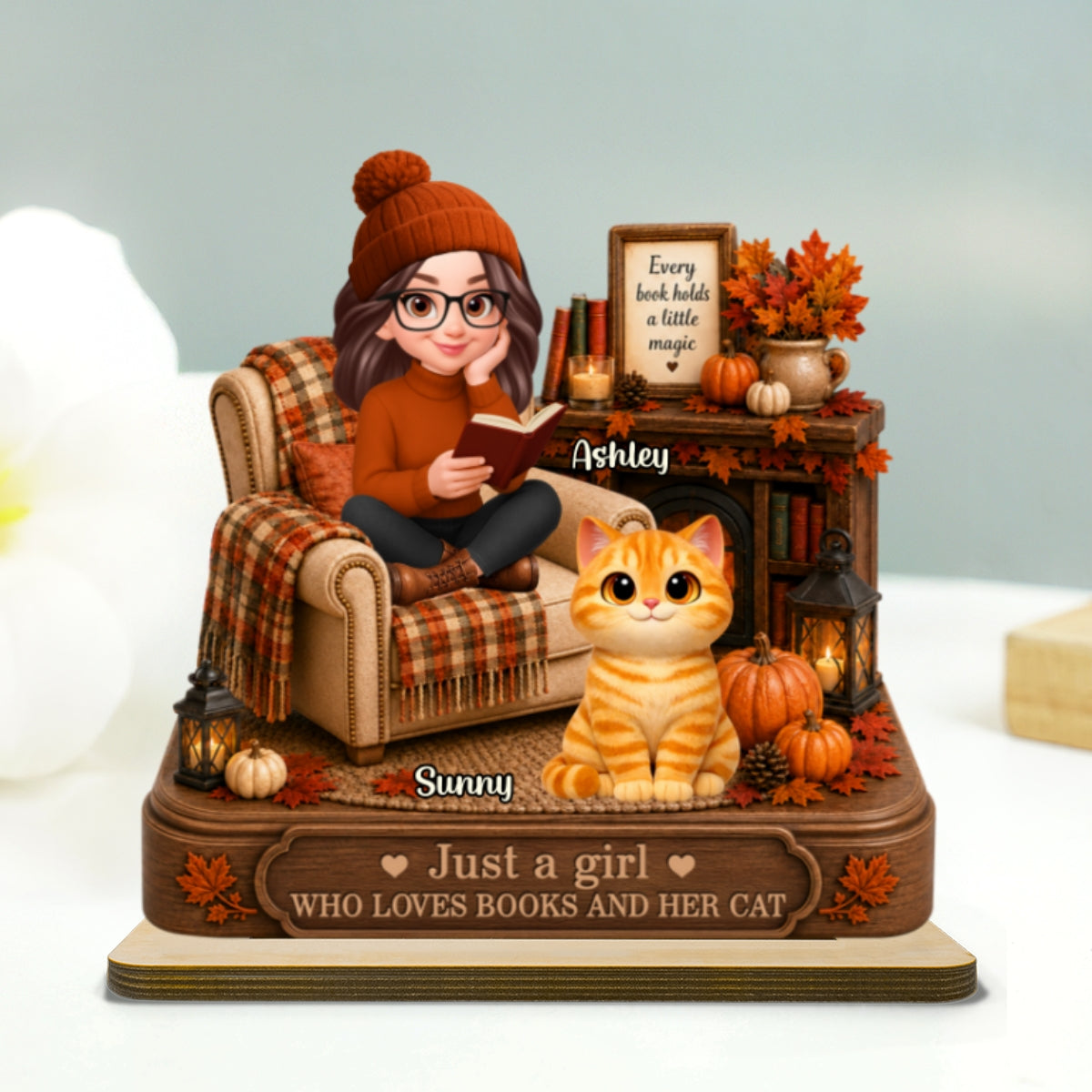 Fall Season Just A Woman Who Loves Books And Cats - Personalized 2-Layered Wooden Plaque - Fall Gift For Book Lovers