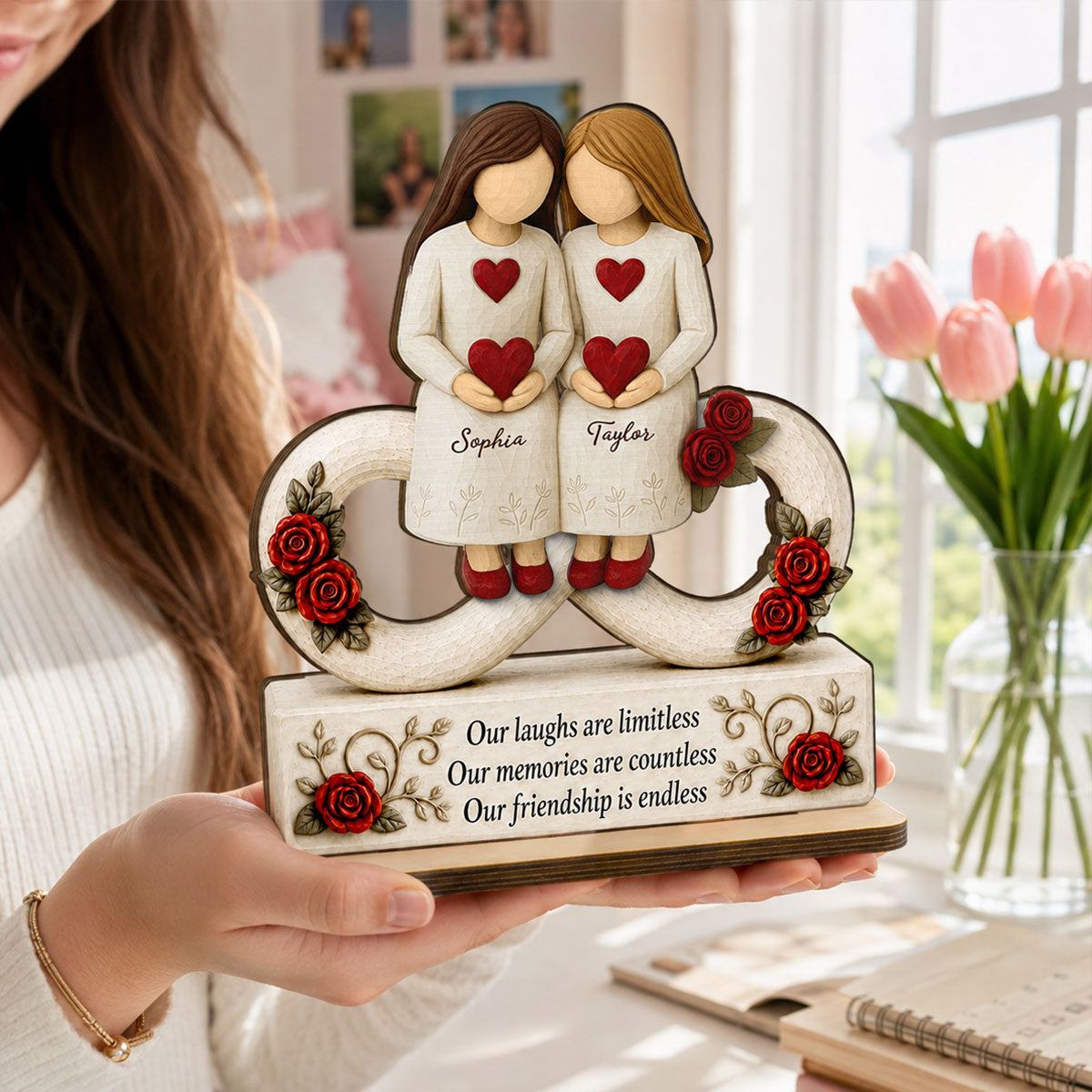 Roses Besties Infinity Our Friendship Is Endless - Personalized 2-Layered Wooden Plaque - Birthday Gift, Gift For Best Friends