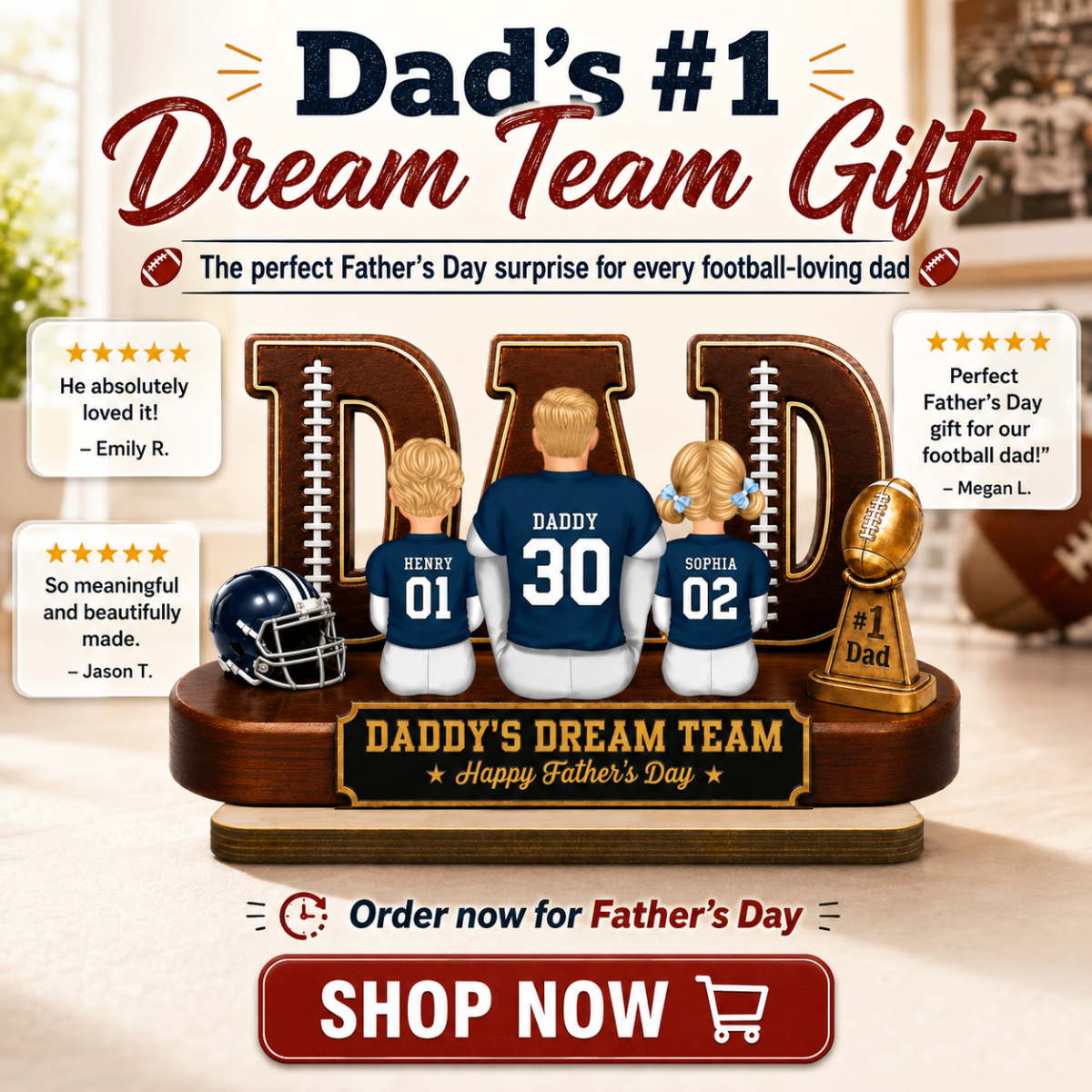 American Football Dad Legend Daddy's Dream Team - Personalized 2-Layered Wooden Plaque - Unique Trending Birthday Gift For Dad, Husband, Football Fans